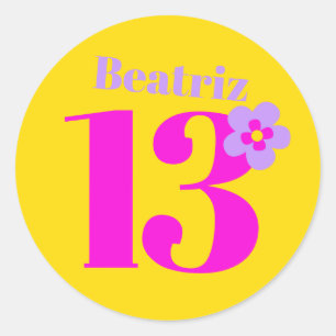 13th誕生日パーティーの女の子ピンク黄色の紫 ラウンドシール