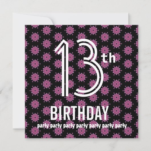 13th誕生日パーティーテンプレートピンクブラックV02 招待状 (正面)