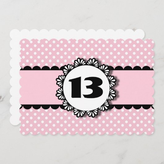 13th誕生日パーティーピンク水玉模様ホタテV01N 招待状 (正面/裏面)