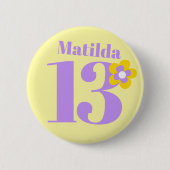 13th誕生日パーティー女の子イエローパープル 缶バッジ (正面)