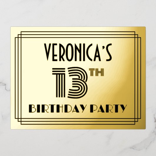 13th誕生日パーティー～アールデコスタイル"13" +名前 箔招待状ポストカード (正面)