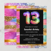 13th誕生日レインボーグリッターカラフルパーティー 招待状 (正面/裏面)