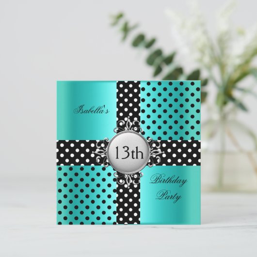 13th10代のバースデーパーティーティール(緑がかった色)ブルーブラック水玉模様 招待状 (スタンド正面)