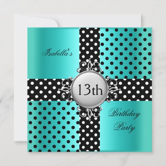 13th10代のバースデーパーティーティール（緑がかった色）ブルーブラック水玉模様 招待状 (正面)