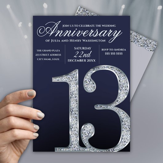 13th Anniversary Diamond Silver Dark Blue Years 招待状
