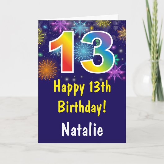 13th Birthday Colorful Rainbow Fireworks Navy Blue カード (正面)