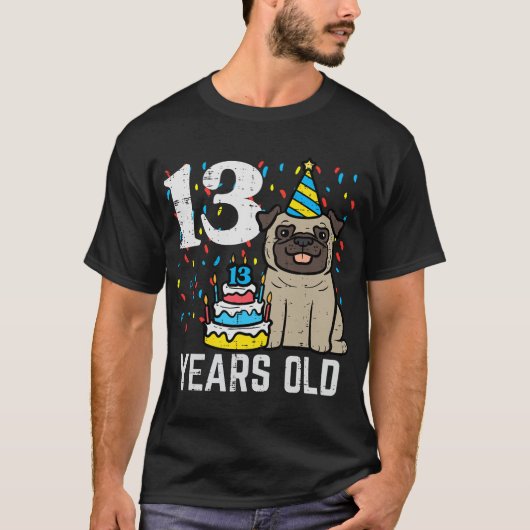 13th Birthday Dog Pug Cake 13 Years Old Bday Boys  Tシャツ (正面)
