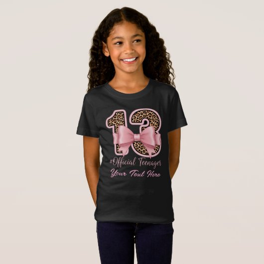 13th Birthday Gift Pink Leopard Print Bow Tシャツ (正面フル)