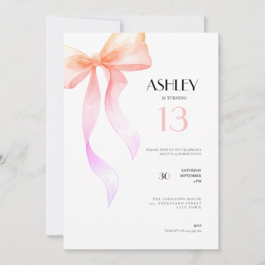 13th Birthday Invitation Pink Bow for Girls 招待状 (正面)