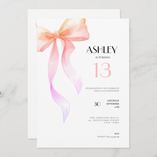 13th Birthday Invitation Pink Bow for Girls 招待状 (正面/裏面)