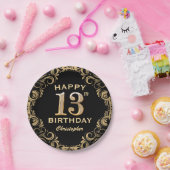 13th Birthday Partyブラック&金ゴールドグリッター枠 ペーパープレート (パーティー)