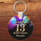 13th Birthday Partyブラック&金ゴールドバルーン キーホルダー (正面)