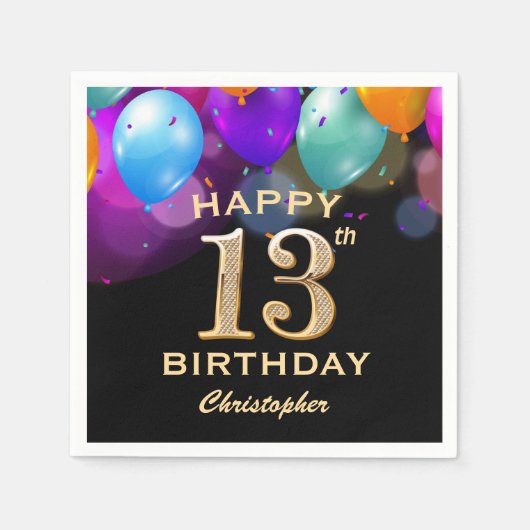 13th Birthday Partyブラック&金ゴールドバルーン スタンダードカクテルナプキン (正面)