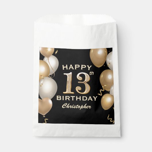13th Birthday Partyブラック&金ゴールドバルーン フェイバーバッグ (正面)