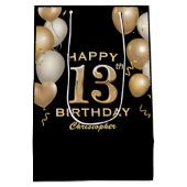 13th Birthday Partyブラック&金ゴールドバルーン ミディアムペーパーバッグ (裏面)