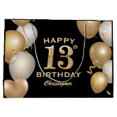 13th Birthday Partyブラック&金ゴールドバルーン ラージペーパーバッグ (裏面)