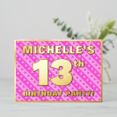 13th Birthday Party —おもしろいピンクのハートとストライプ 箔招待状 (立ち正面)
