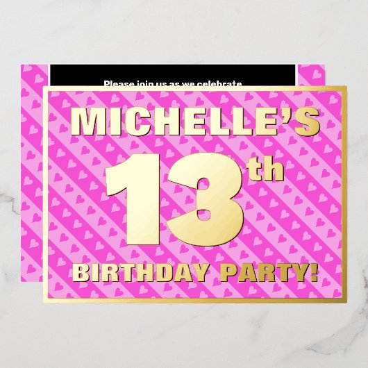 13th Birthday Party —おもしろいピンクのハートとストライプ 箔招待状 (正面/裏面)