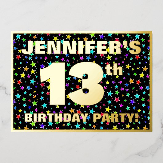 13th Birthday Party —おもしろい、スターカラフルズ・パターン 箔招待状 (正面)