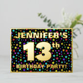 13th Birthday Party —おもしろい、スターカラフルズ・パターン 箔招待状 (立ち正面)