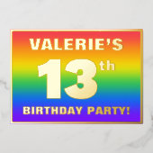 13th Birthday Party:おもしろい、レインボーカラフルパターン 箔招待状 (正面)