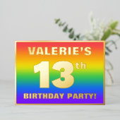 13th Birthday Party:おもしろい、レインボーカラフルパターン 箔招待状 (立ち正面)