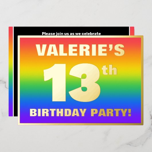 13th Birthday Party:おもしろい、レインボーカラフルパターン 箔招待状 (正面/裏面)