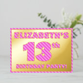 13th Birthday Party — はっきりした、おもしろい、ピンクストライプ色13 箔招待状 (立ち正面)