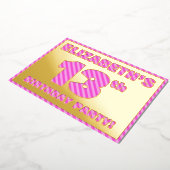 13th Birthday Party — はっきりした、おもしろい、ピンクストライプ色13 箔招待状 (回転した状態)