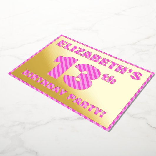 13th Birthday Party — はっきりした、おもしろい、ピンクストライプ色13 箔招待状 (回転した状態)