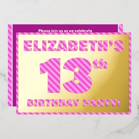 13th Birthday Party — はっきりした、おもしろい、ピンクストライプ色13 箔招待状 (正面/裏面)