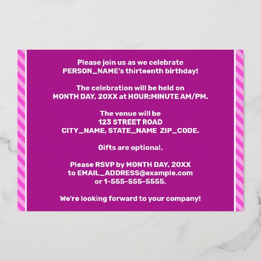 13th Birthday Party — はっきりした、おもしろい、ピンクストライプ色13 箔招待状 (裏面)