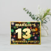 13th Birthday Party:, はっきりした Fireworks カラフル Look 箔招待状ポストカード (立ち正面)