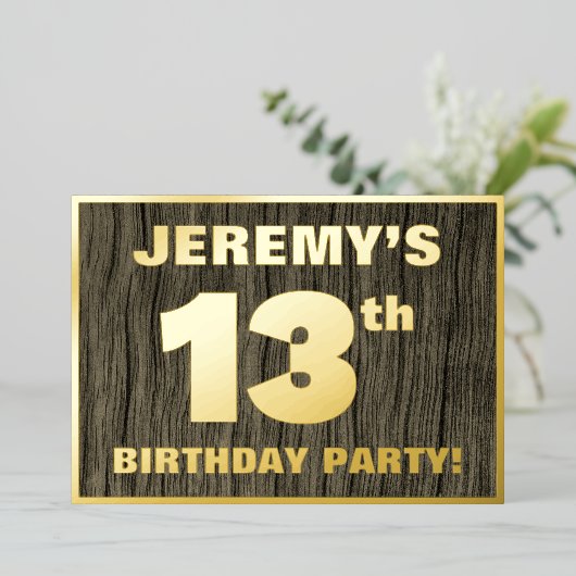 13th Birthday Party:, はっきりした Wood Grain Pattern 箔招待状 (立ち正面)