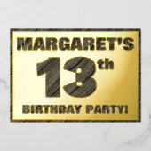 13th Birthday Party — はっきりしたWood Grainフェイク文字 箔招待状 (正面)