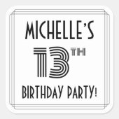 13th Birthday Party:アールデコスタイル+名前をカスタムする スクエアシール (正面)