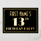 13th Birthday Party:アールデコルック"13"，名前あり 箔招待状 (正面)