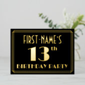 13th Birthday Party:アールデコルック"13"，名前あり 箔招待状 (立ち正面)