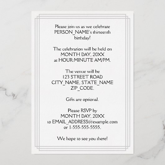 13th Birthday Party – スクリプエレガントト+名前をカスタムする 箔招待状 (裏面)
