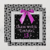 13th Birthday Party,招待状，ブラック/明るい赤紫色/ボウ 招待状 (正面/裏面)