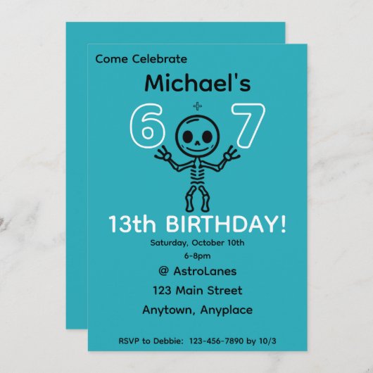 13th Birthday Party Invitation 6 7 招待状 (正面/裏面)