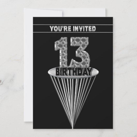 13th Birthday Party Invitation - Silver and Black, 招待状 (正面)