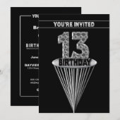 13th Birthday Party Invitation - Silver and Black, 招待状 (正面/裏面)