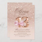 13th Birthday Rose Pink Gold Bow Birthday Party 招待状 (正面/裏面)