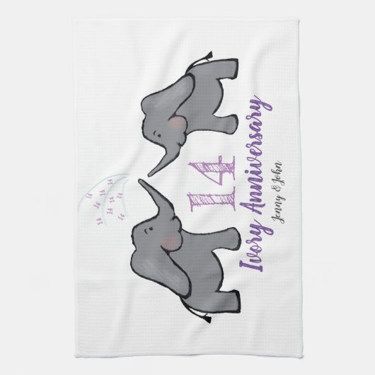 14アイボリー結婚記念日かわいいゾウ キッチンタオル (縦)