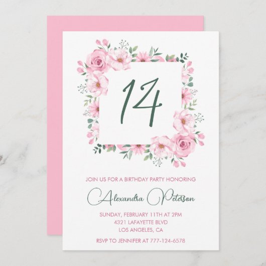 14エレガント歳の誕生日招待状フローラピンク 招待状 (正面/裏面)