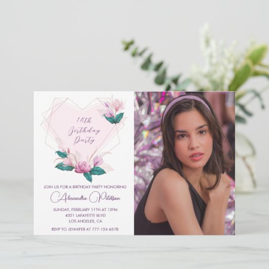 14エレガント歳の誕生日招待状フローラ写真 招待状 (スタンド正面)