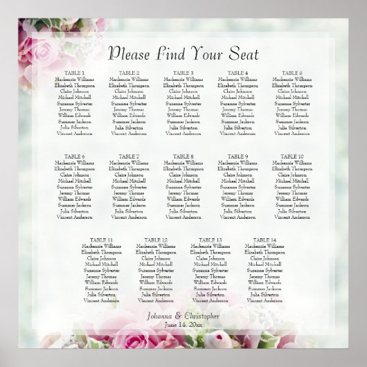 14テーブルピンクローズ結婚のシーティングチャート ポスター (正面)