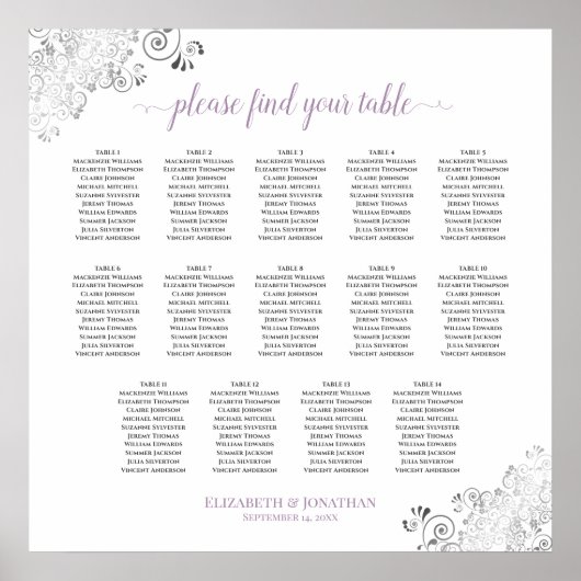 14テーブルレースのようの結婚座席表ホワイトラベンダー ポスター (正面)