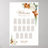 14テーブル焼けオレンジ色の白いフローラシーティングチャート ポスター (正面)